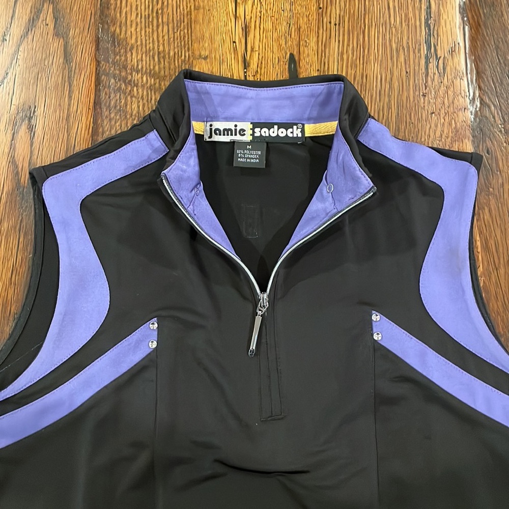 Sleeveless Black and Purple Zip-Front Women’s Top - Picture 5 of 7